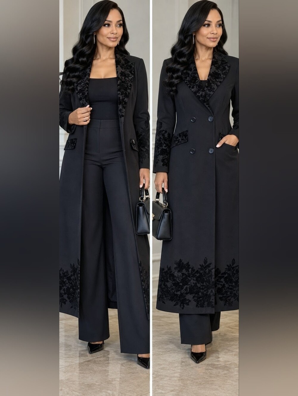 Black Long Womens Coat with Lace Trim